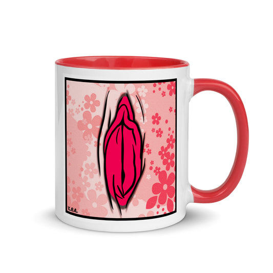 Tasse YoniPopArt "#4 on light red flowers" mit farbiger Innenseite