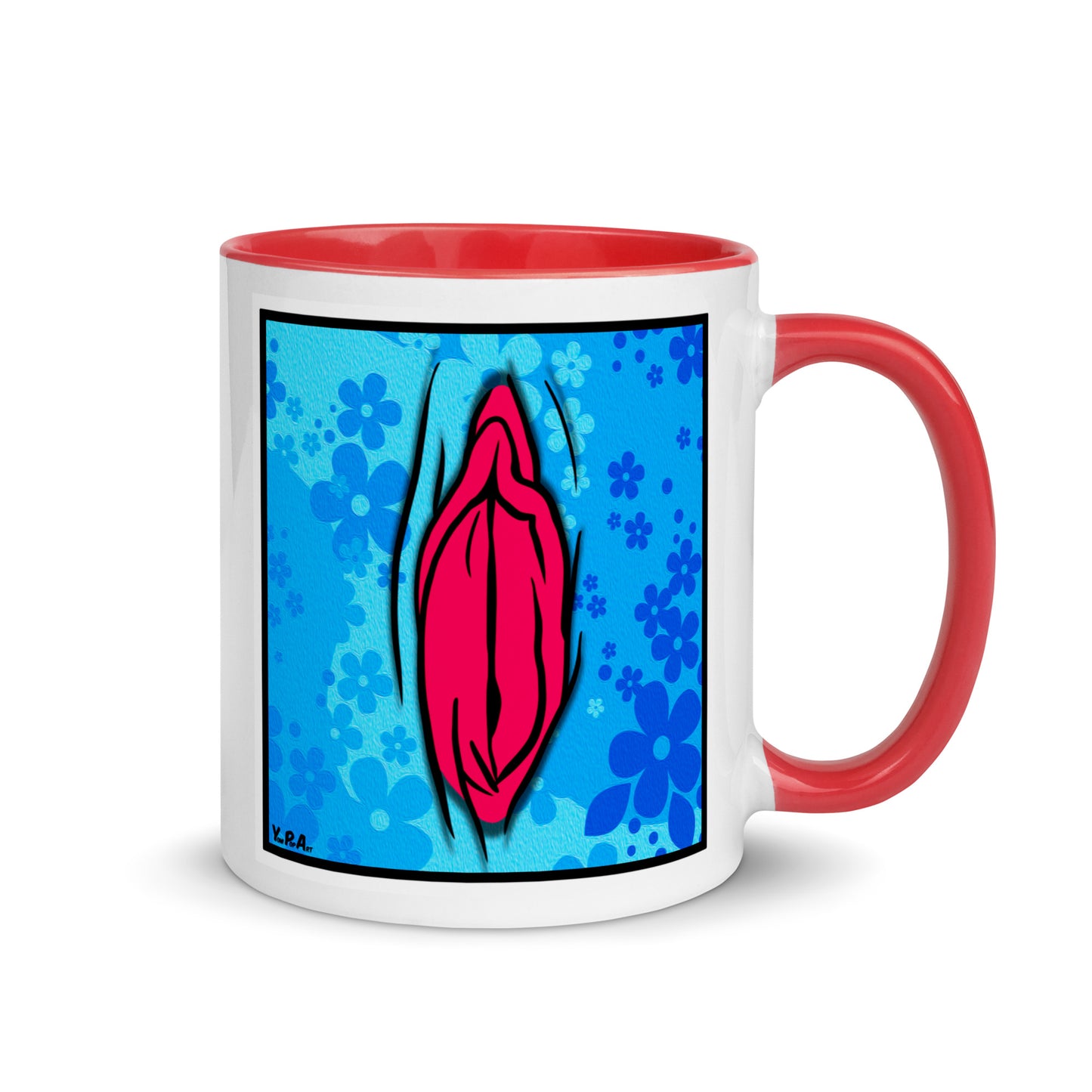 Tasse YoniPopArt "#4 on light blue flowers" mit farbiger Innenseite