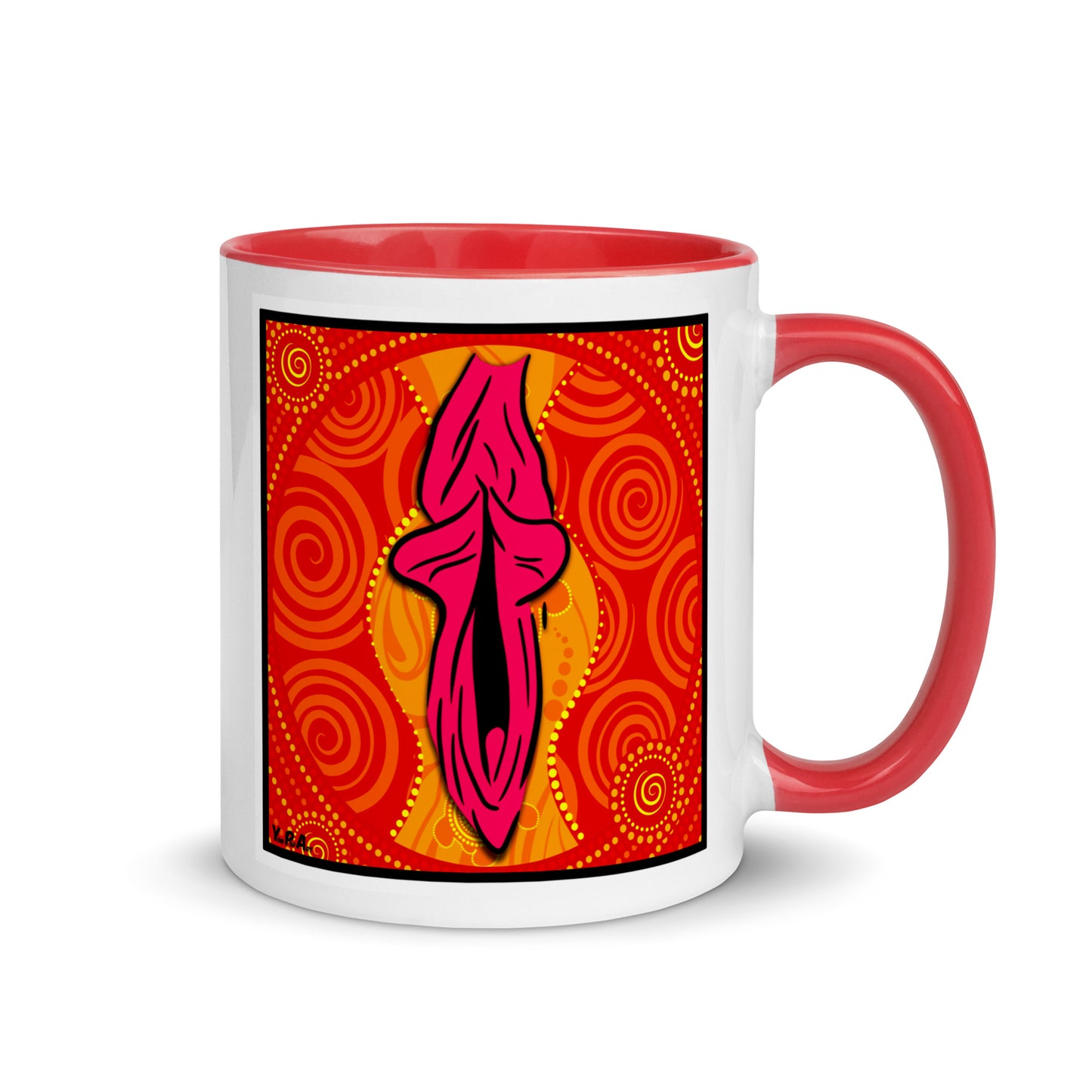 Tasse YoniPopArt "swirling yoni on red" mit farbiger Innenseite