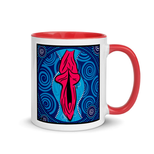 Tasse YoniPopArt "swirling yoni on blue" mit farbiger Innenseite
