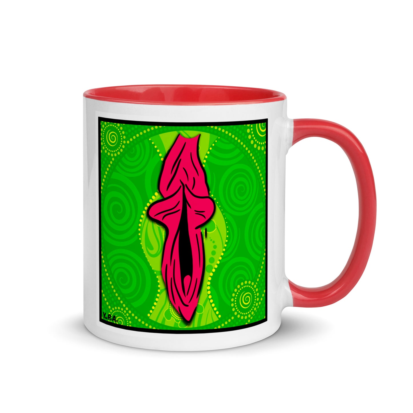 Tasse YoniPopArt "swirling yoni on green" mit farbiger Innenseite