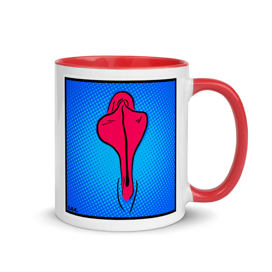 Tasse YoniPopArt "Pink flaps on blue points" mit farbiger Innenseite