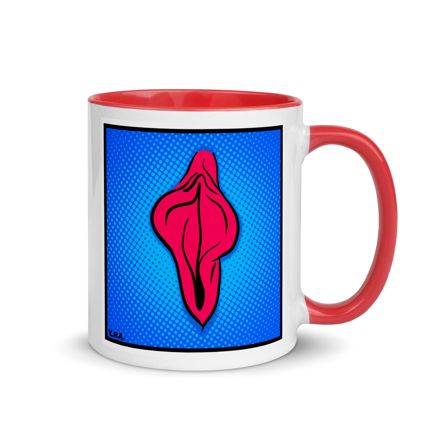 Tasse YoniPopArt "pink flaps on blue points 2" mit farbiger Innenseite