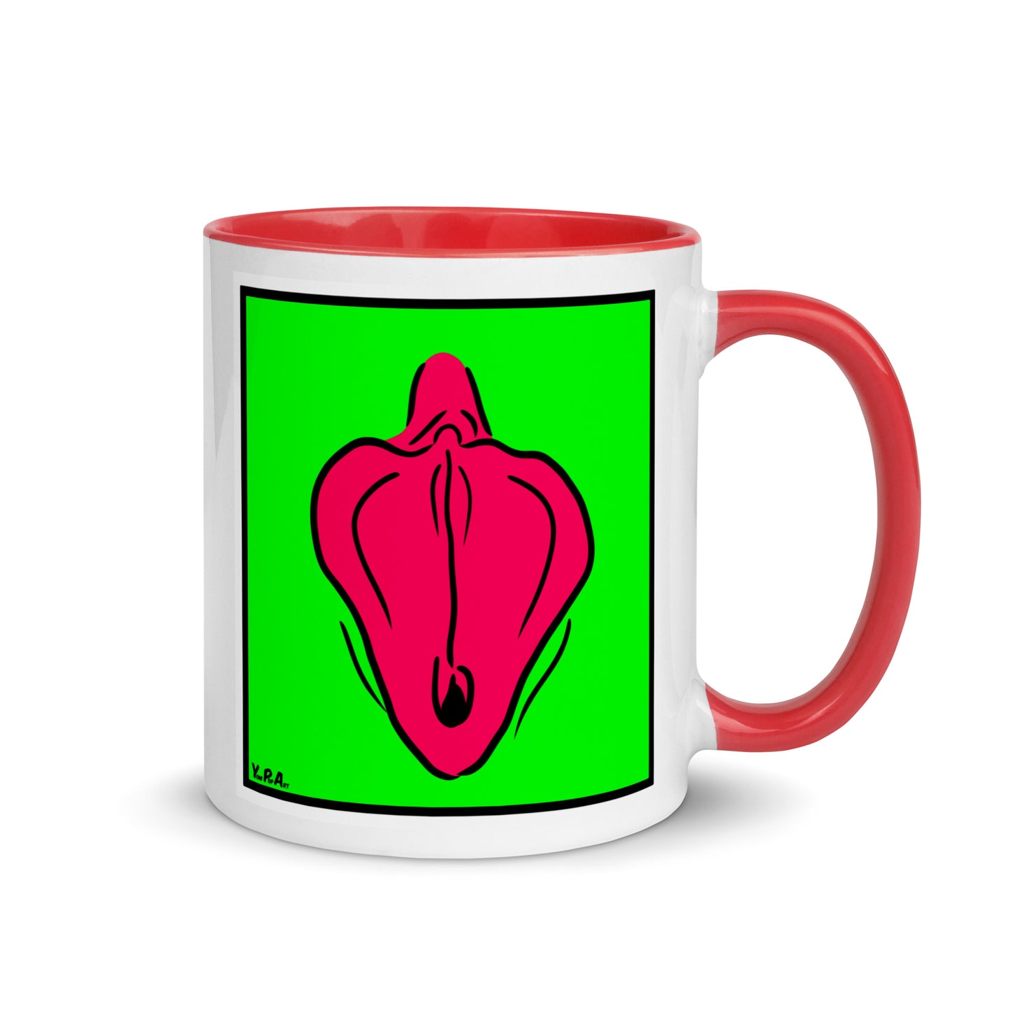 Tasse YoniPopArt "Flaps on green" mit farbiger Innenseite