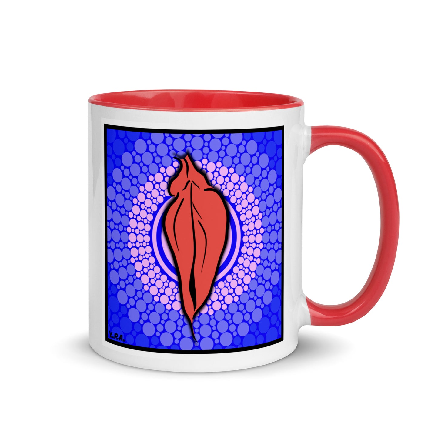 Tasse YoniPopArt "pink flaps on blue points" mit farbiger Innenseite