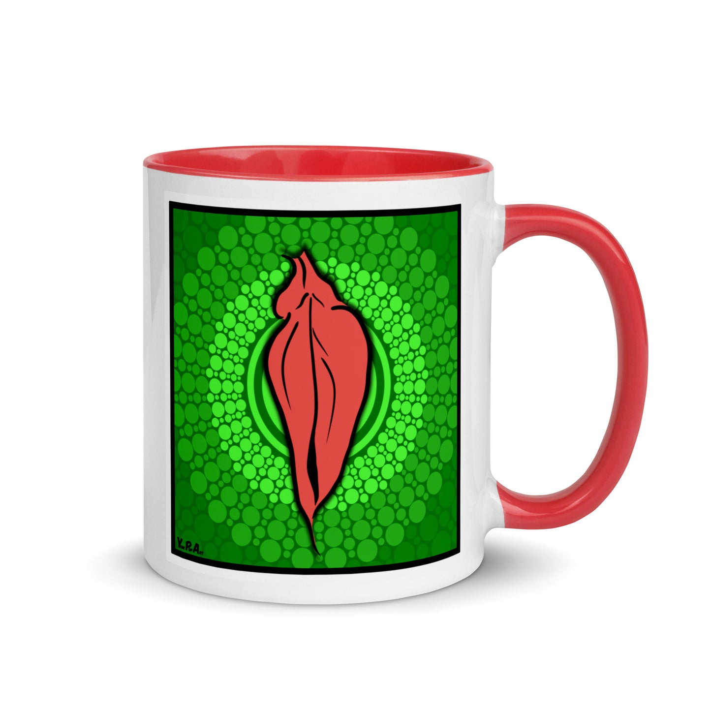 Tasse YoniPopArt "pink flaps on green points" mit farbiger Innenseite