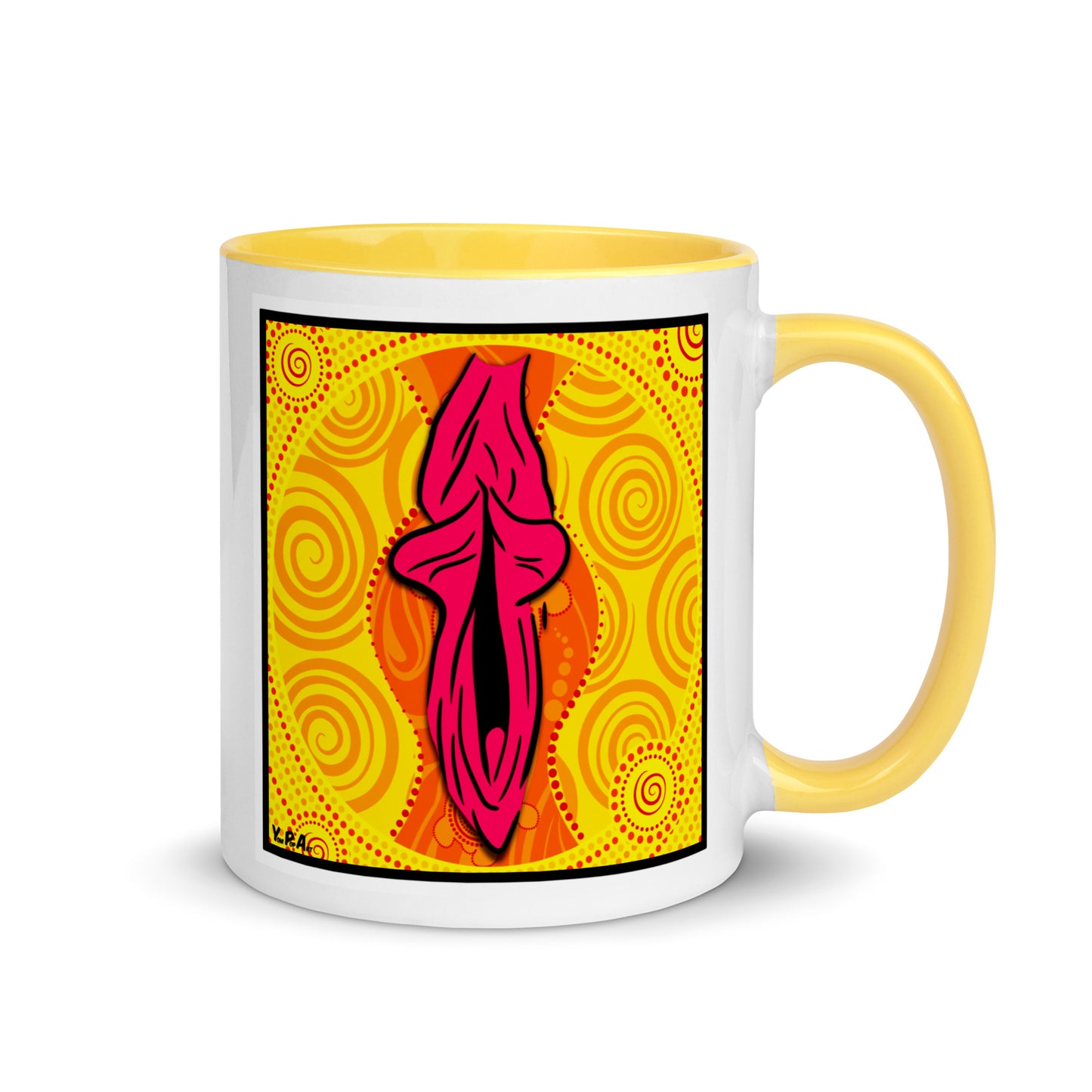 Tasse YoniPopArt "swirling yoni on yellow" mit farbiger Innenseite