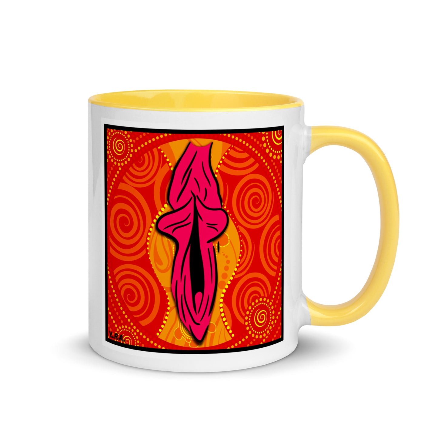 Tasse YoniPopArt "swirling yoni on red" mit farbiger Innenseite