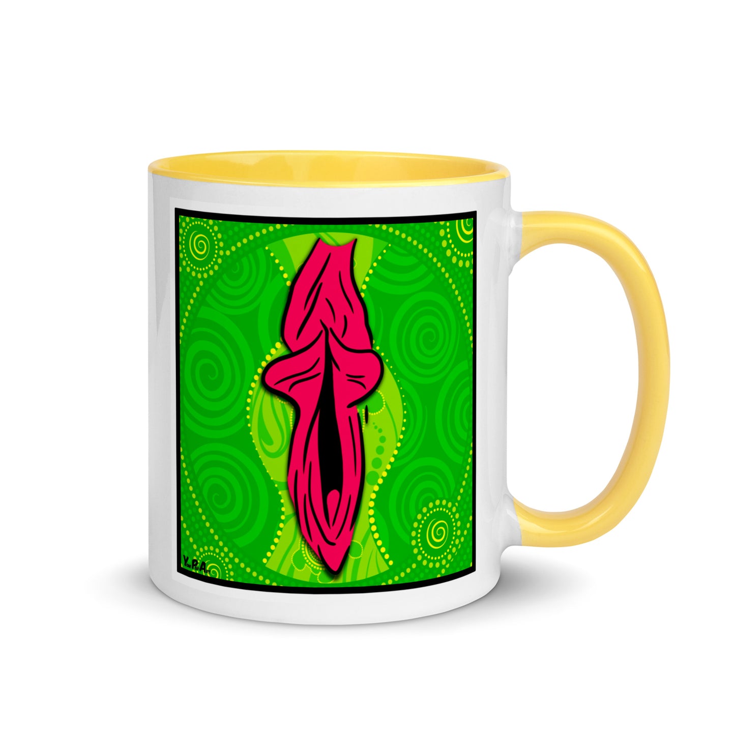 Tasse YoniPopArt "swirling yoni on green" mit farbiger Innenseite