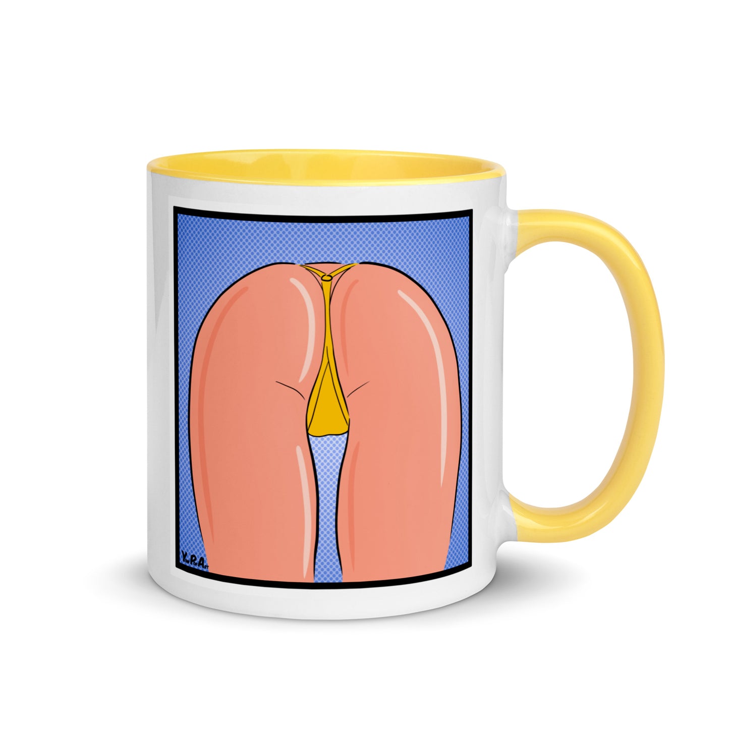 Tasse YoniPopArt "strip off yellow" mit farbiger Innenseite