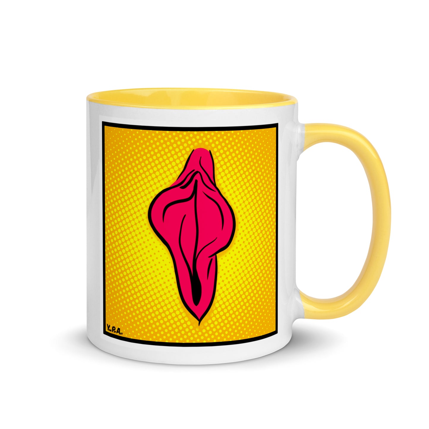 Tasse YoniPopArt "pink flaps on yellow 2" mit farbiger Innenseite